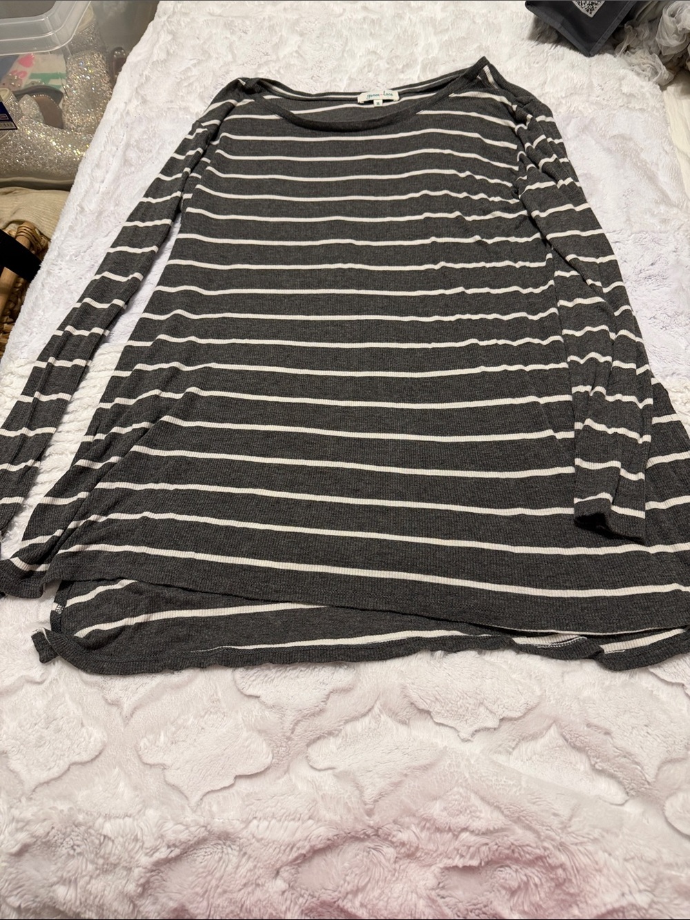Grace & Lace Charcoal and White Striped Long Sleeve Tee